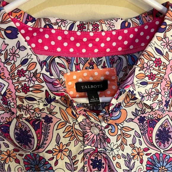 Talbots L COTTON BUTTON FRONT SHIRT  MAGICAL FLORAL PURPLE PAISLEY PREPPY CAREER - Picture 4 of 9